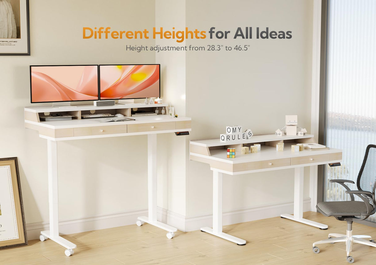 Claiks Standing Desk with Drawers, Electric Adjustable Standing Desk Adjustable Height, Sit Stand Up Desk with Storage Shelves & Wheels, 48 Inch White Claiks