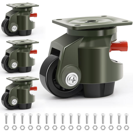 EMBOWLIFE Leveling Casters Set of 4, Workbench Casters with Ratchet Arm, 3300 LBS, Green Heavy Duty Retractable Leveling Machine Casters, Nylon Wheels & Leveling Feet for Shelves and Workbenches EMBOWLIFE