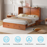 Mjkone Queen Size Murphy Bed Cabinet with Drawers and USB Charging Station, Wooden Versatile Wood Chest Cabinet Wall Bed with Tri-Fold Mattress, Modern Guest Beds for Bedroom Home Apartment - Cherry Mjkone