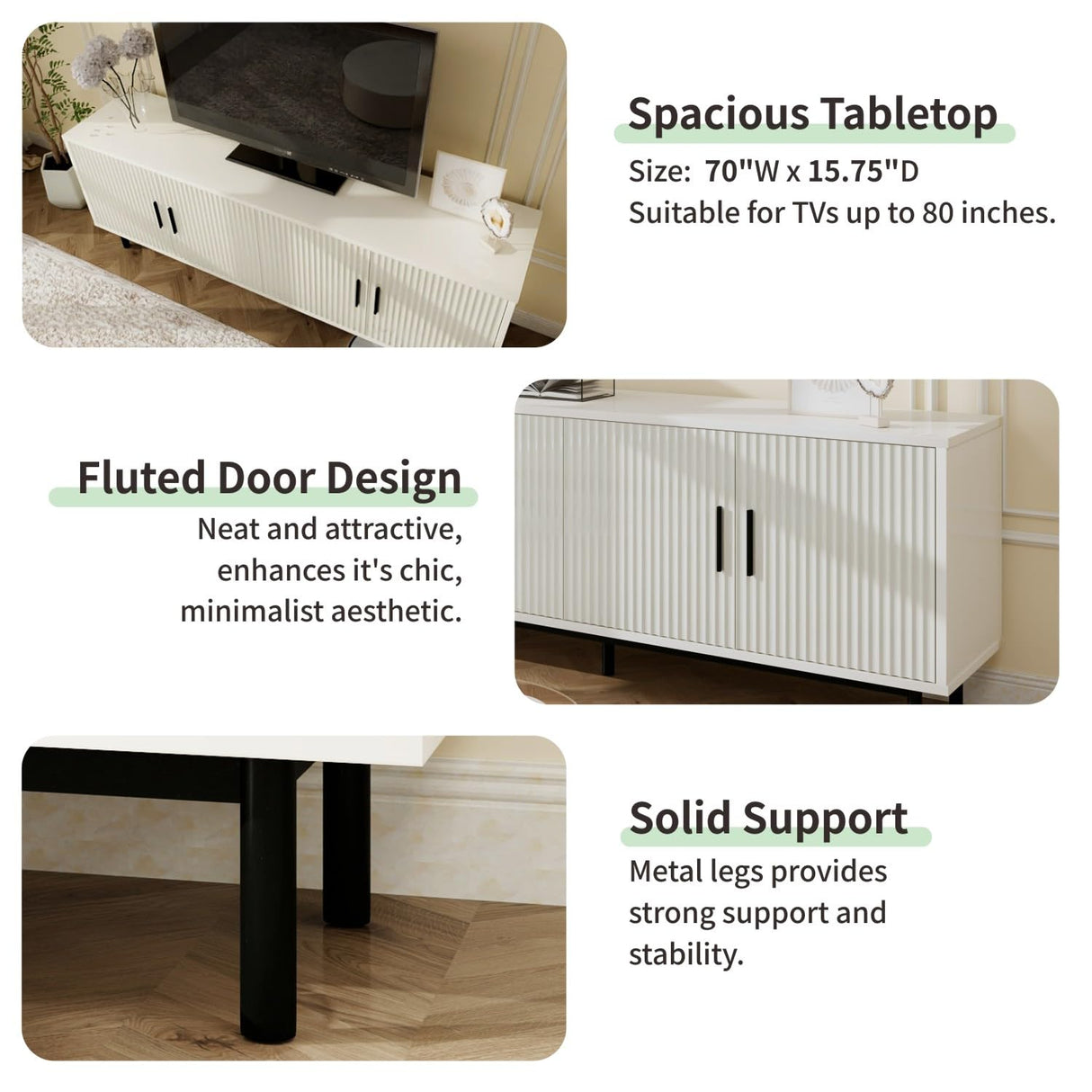 MUUEGM 70" Fluted TV Stand, Mid Century Modern Television Stands for Living Room, Wood TV Console for Televisions Up to 80 Inches, Entertainment Center with Storage, Adjustable Shelf, White TV Stands MUUEGM