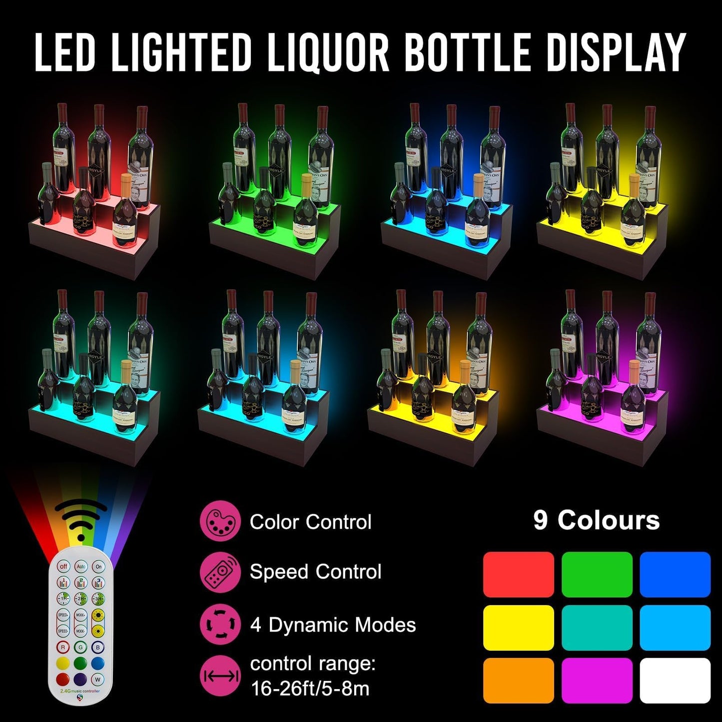 Fumingpal LED Lighted Liquor Bottle Display Shelf, 2 Tier 16 Inch Bar Bottle Display Shelf, Liquor Bottle Rack Holder 10 Bottles, Support USB for Whiskey Wine Coffee Syrup Water Bottle Displa - WoodArtSupply