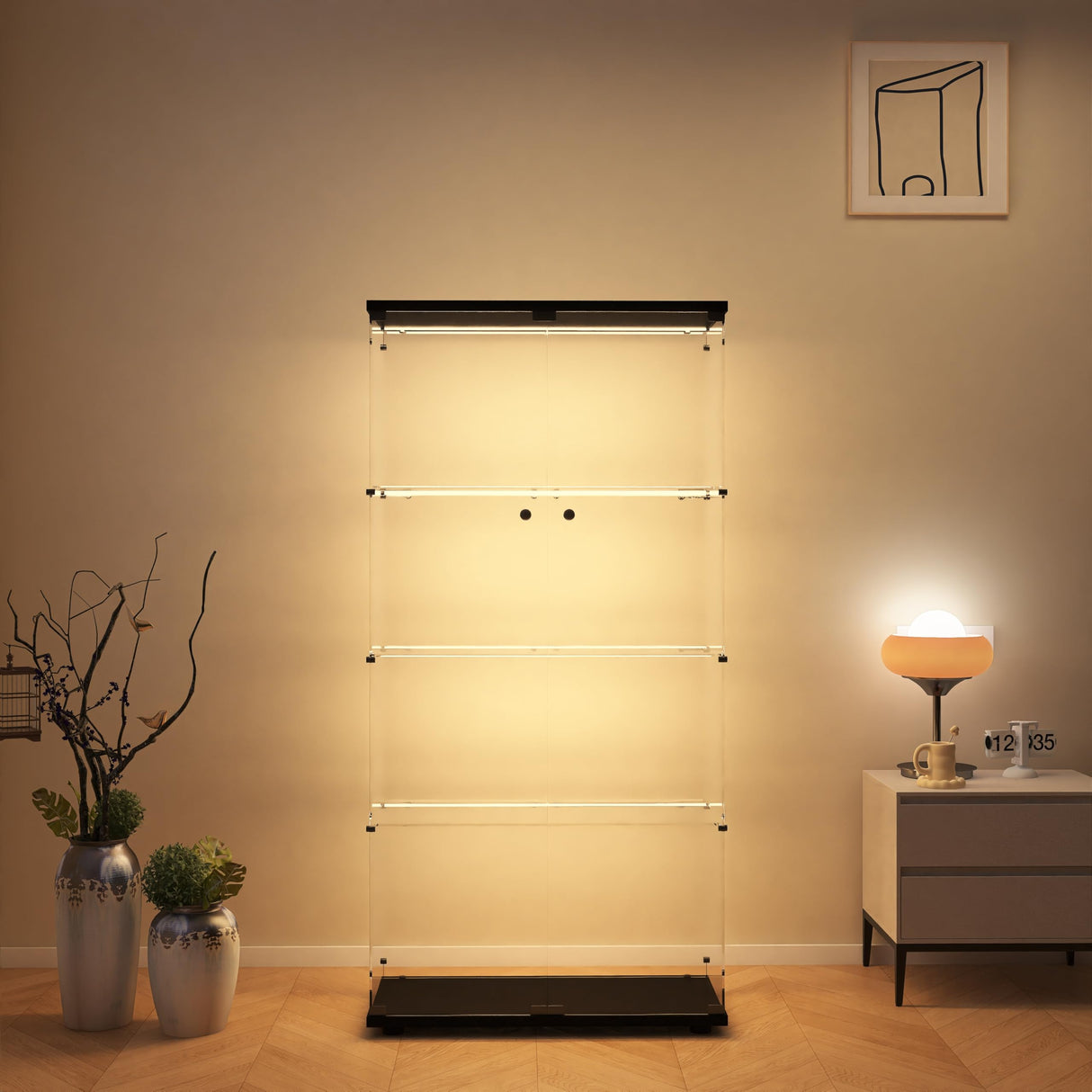 Modern 4-Tier Glass Display Shelf with 2 Doors, Curio Cabinet Collection - Floor Standing Display Case for Living Room, Bedroom, Home Office - 30" W x 14.5" D x 64" H (Black with LED Light Strip) Zacis