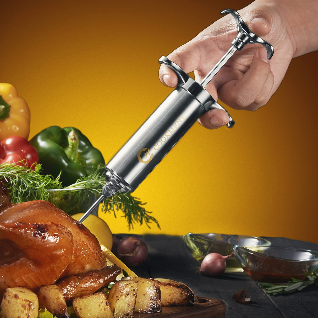 JY COOKMENT Meat Injector Syringe 2-oz Marinade Flavor Barrel 304 Stainless Steel with 3 Professional Needles 2 Cleaning Brushes and 4 Silicone O-Rings JY COOKMENT