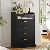 HOSTACK Modern 5 Drawer Dresser, Tall White Dresser Chest of Drawers with Gold Handles, Wood Dresser Storage Cabinet with Anti-Drop Fence & Fluted Glass for Living Room, Hallway, Entryway, Black HOSTACK