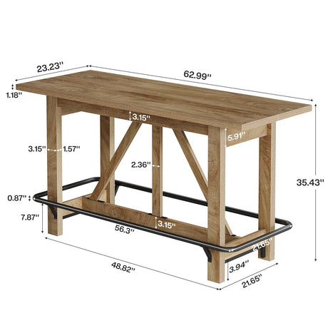 Tribesigns 63" Bar Table, Long Counter Height Pub Dining Table with Footrest, Home Bar Furniture for Bar, Kitchen & Dining Room, Living Room, Brown Tribesigns