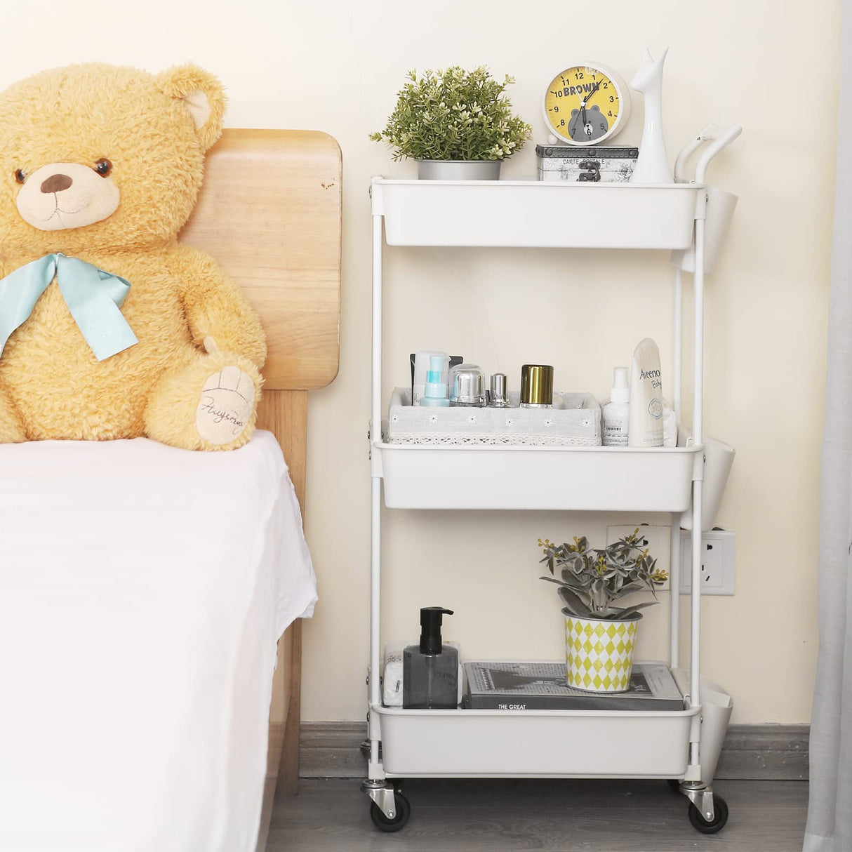 3-Tier Utility Rolling Cart,Mobile Utility Cart with Lockable Caster Wheels,Storage Shelves Organizer Cart, 3 Hanging Baskets, Easy Assembly,for Bathroom, Kitchen, Office, Workshop Hamone