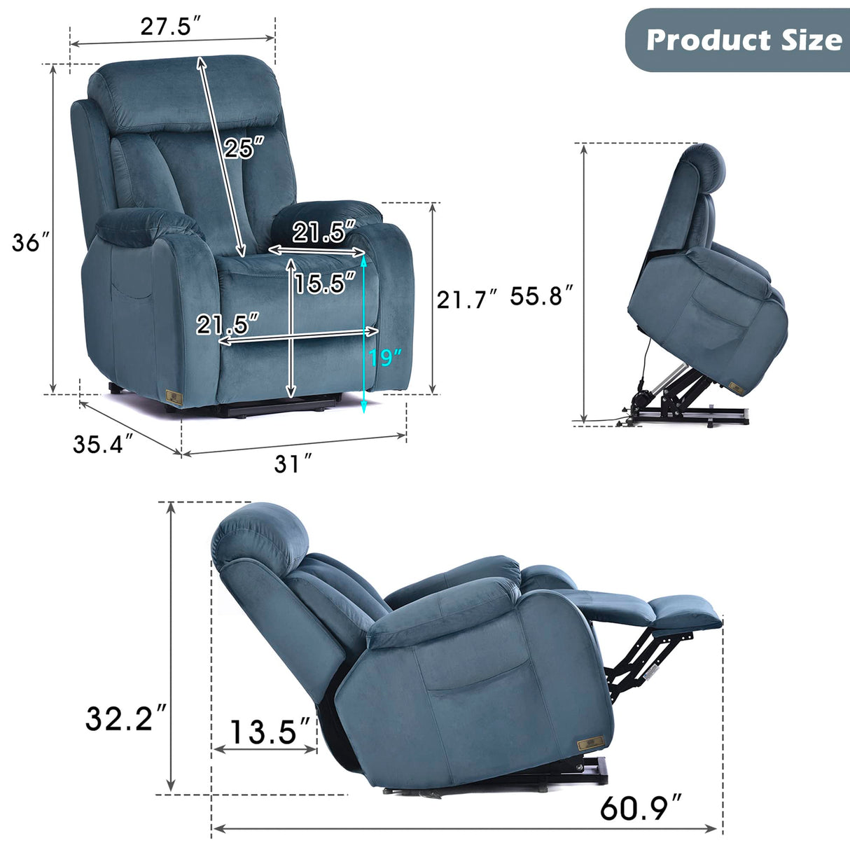 cinkehome Small Power Lift Recliner for Elderly, Lift Chair Recliners, Electric Recliner Chairs for Seniors, Remote Control, Adjustable, Side Pocket (Navy Blue) cinkehome
