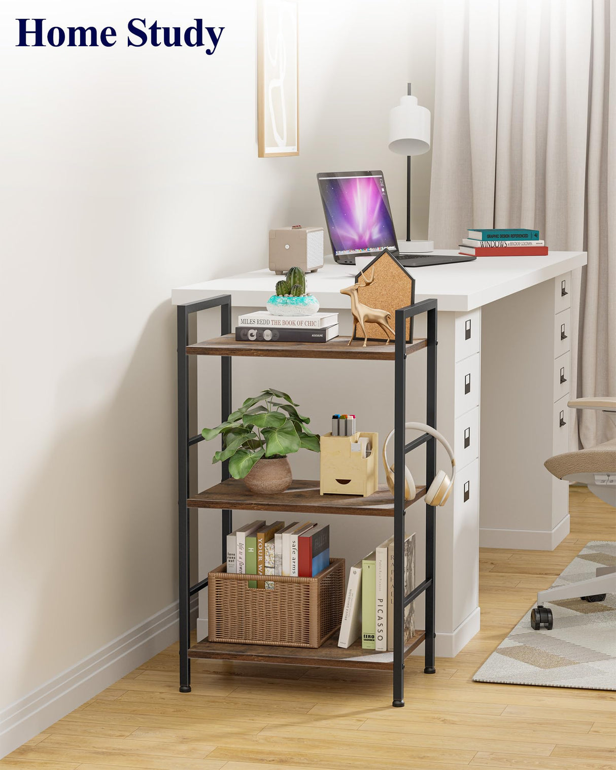 Kitsure 3-Tier Book Shelf - Wood & Metal Bookshelf with Handle & Adjustable Feet, Lightweight Bookcase for Living Room, Bedroom, Kitchen, Office or Dorm (16.5"×11.0"×28.1") Kitsure