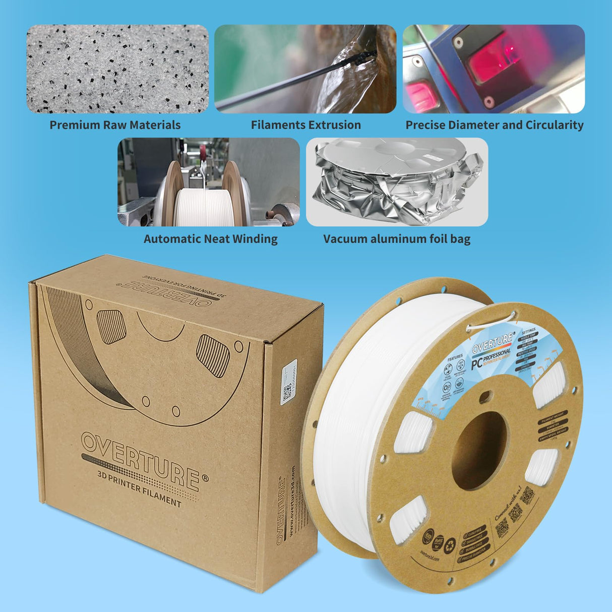 OVERTURE Tough PC Professional Filament, Cardboard Spool, 1kg(2.2lbs), Dimensional Accuracy Probability +/- 0.02mm, Fit Most FDM Printer (White) OVERTURE