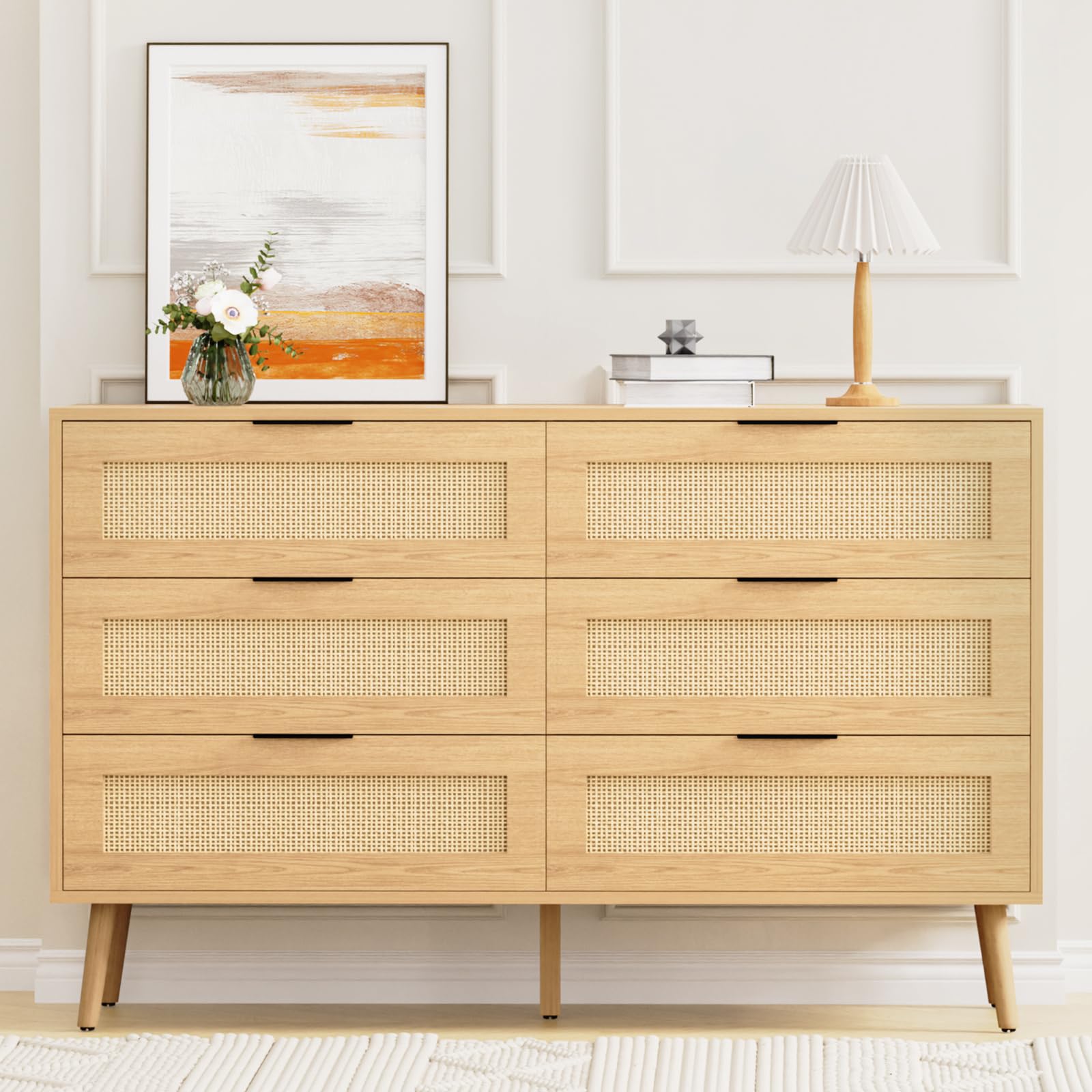 MAISONPEX Wooden Dresser for Bedroom, Natural Rattan Dresser with Drawers, 6 Drawer Chest of Drawers, Double Dressers Chest for Nursery, Hallway, Living Room - WoodArtSupply