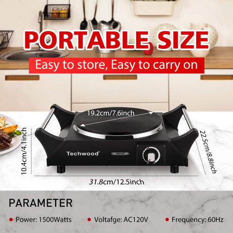 Techwood Hot Plate Portable Electric Stove 1500W Countertop Single Burner with Adjustable Temperature & Stay Cool Handles, 7.5” Cooktop for Dorm Office/Home/Camp, Compatible for All Cookwares Techwood