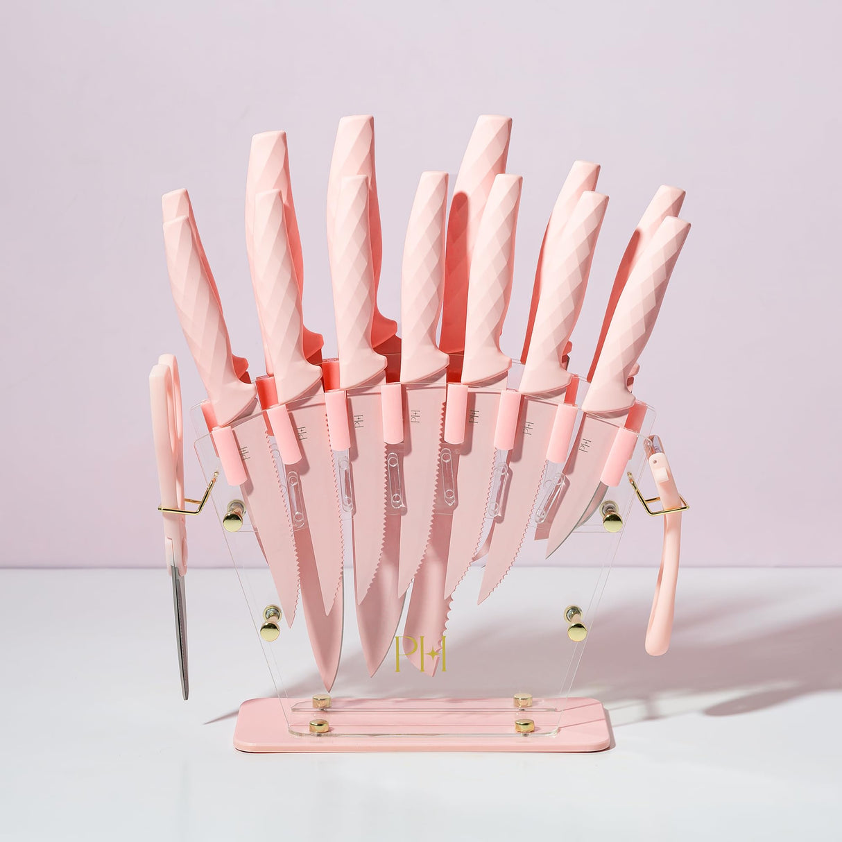 Paris Hilton Knife Block Set with Fan Style Clear Acrylic Knife Block, Premium Stainless Steel Blades with Nonstick Coating, Comfort Grip Handles, 16-Piece Set, Pink and Gold Paris Hilton