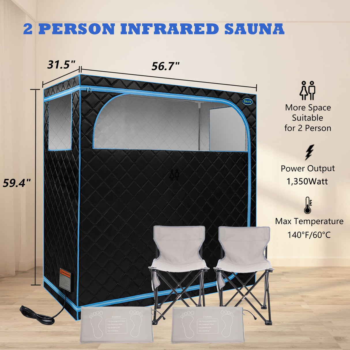 Wizzisauna 2 Person Infrared Sauna | Full Size Portable Sauna Tent | FAR Infrared Sauna for Home, 1,350watt, Home Saunas with Heating Foot Pad*2, Portable Chair*2, (L56.7 x W31.5 x H59.4, Black) Wizzisauna