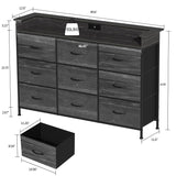 EXOTICA Black Dresser with Charging Station 9 Drawers Dresser with LED Light and USB Ports Fabric Dresser for Bedroom Hallway Entryway Closets Sturdy Steel Frame Wood Top EXOTICA