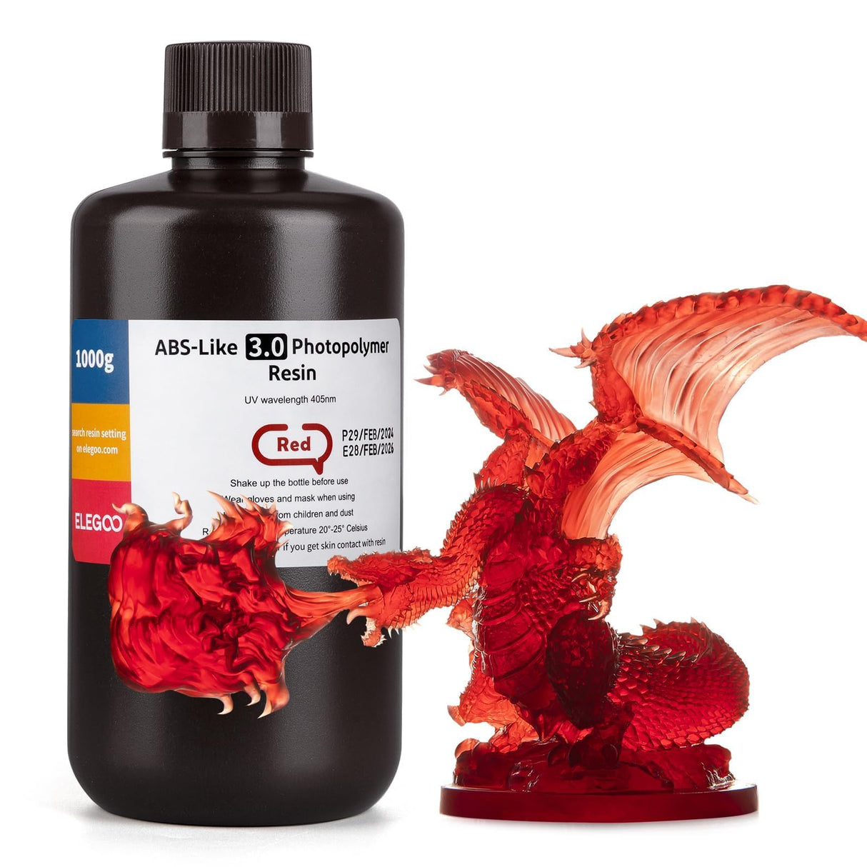 ELEGOO ABS-Like 3D Printer Resin 3.0, 405nm UV-Curing Photopolymer Resin for Mars Saturn Jupiter MSLA DLP LCD 3D Printing with Strength and Toughness, High Precision, Low Viscosity, Clear Red 1000g ELEGOO