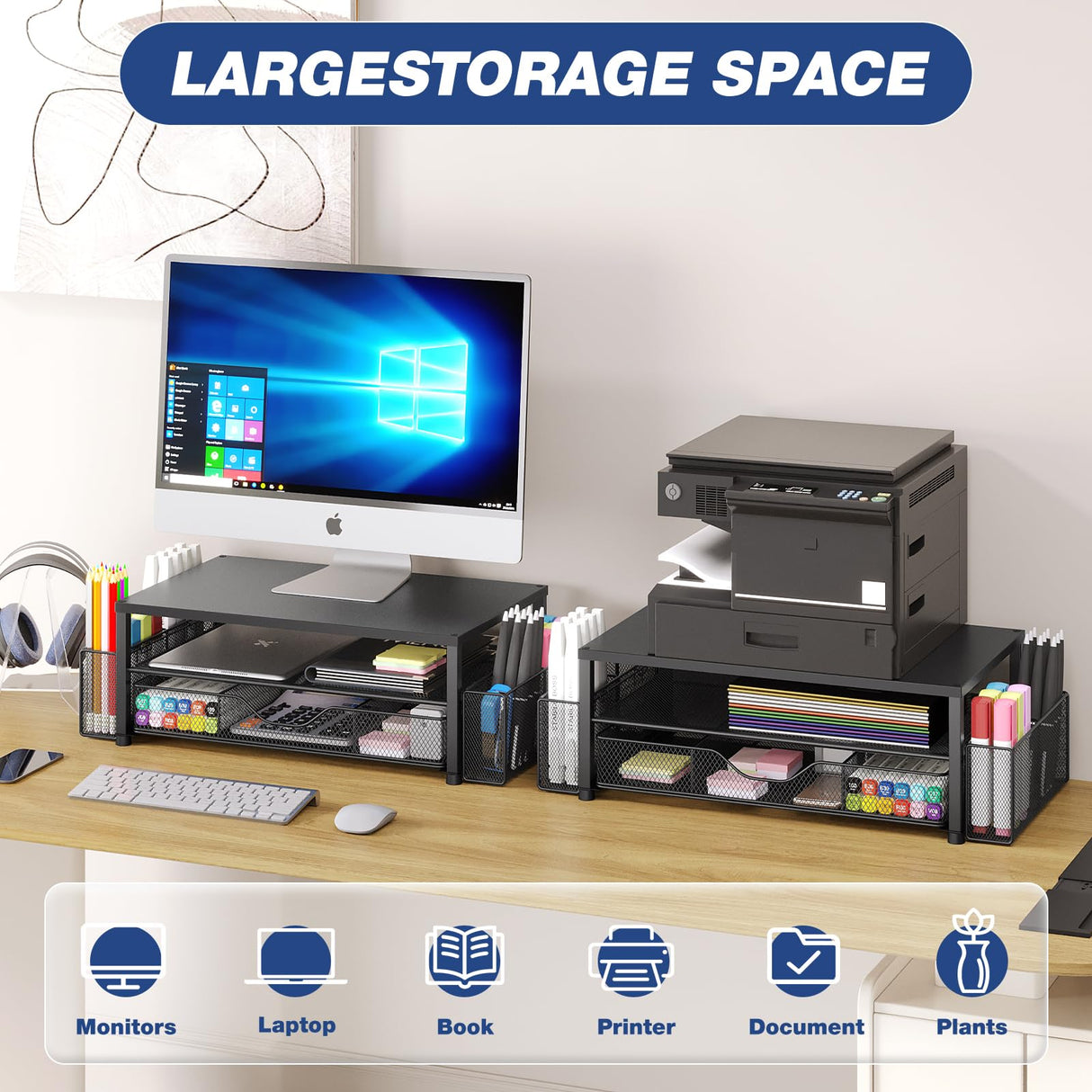 OPNICE Desk Organizer and Accessories, 2-Tier Computer Monitor Stand with Drawer and 2 Pen Holders, Office Desk Accessories for Office Supplies, Black OPNICE