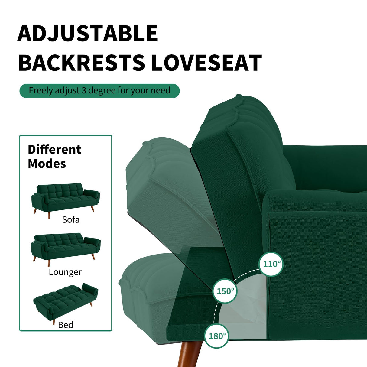 Homies Life Solid Wood Feet Futon Couch Tufted Convertible Sleeper Sofa Bed Solid Wood Legs Adjustable Backrest Living Room Hemp Sponge S-Shaped Spring Eucalyptus Frame (Green) Homies Life