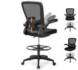 Giantex Drafting Chair, Ergonomic Tall Office Chair with Adjustable Lumbar Support & Footrest Ring, Executive Computer Standing Desk Chair with Flip-up Armrests, High Back Office Rolling Stool, Black Giantex