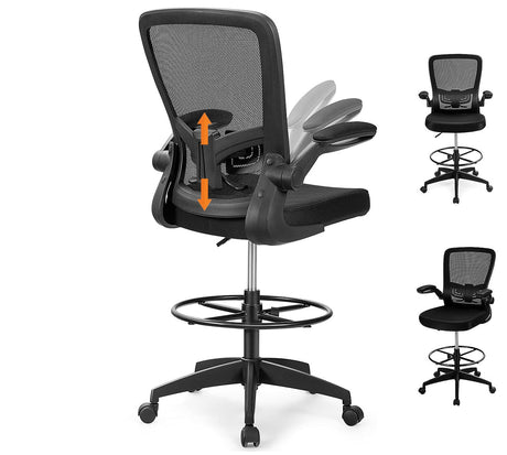 Giantex Drafting Chair, Ergonomic Tall Office Chair with Adjustable Lumbar Support & Footrest Ring, Executive Computer Standing Desk Chair with Flip-up Armrests, High Back Office Rolling Stool, Black Giantex