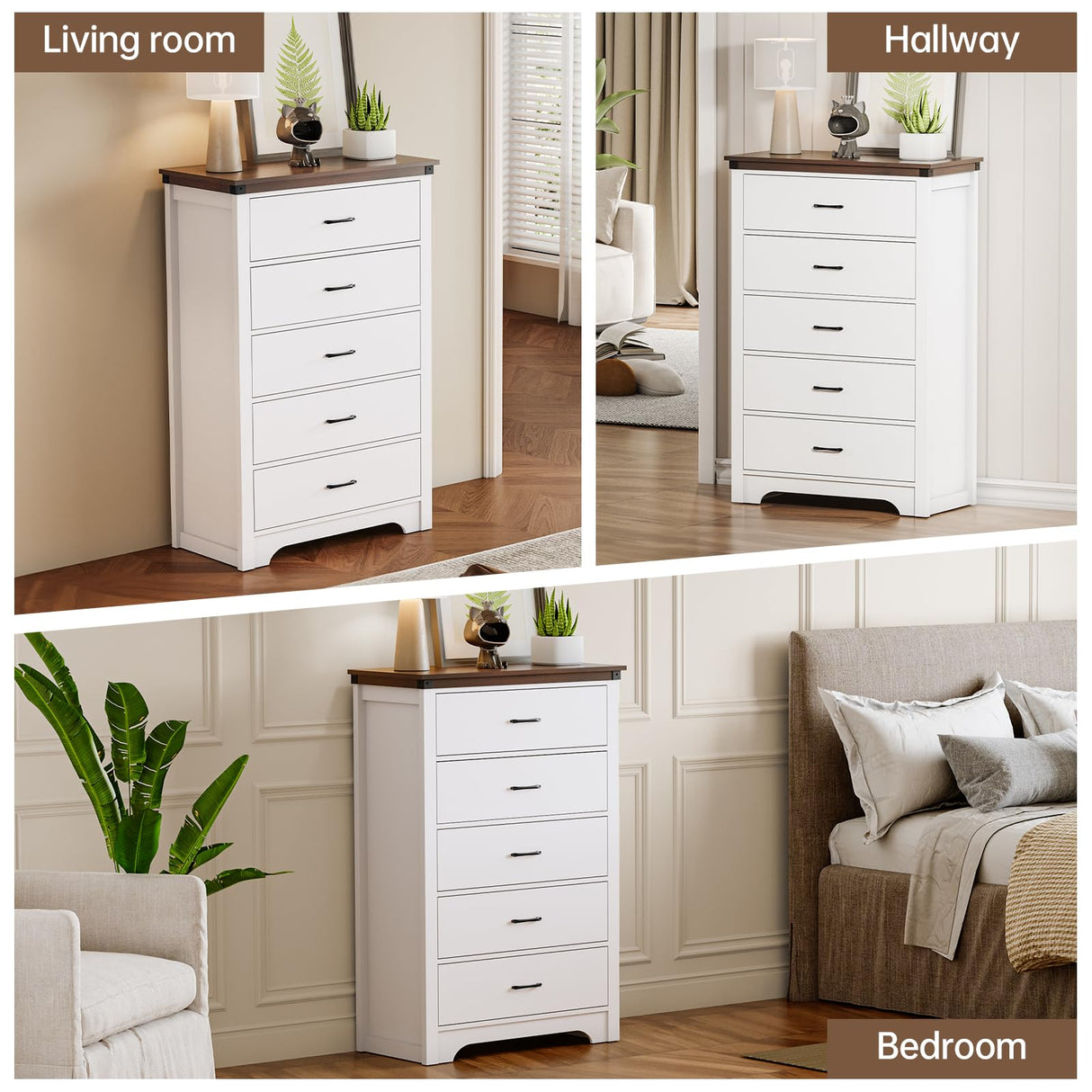 Airynee Farmhouse 5 Drawer Dresser for Bedroom, 47" Tall Chest of Drawers, Wood White Dresser with Deep Drawers, Storage Dressers Organizer for Bedroom, Living Room, Hallay, White Airynee