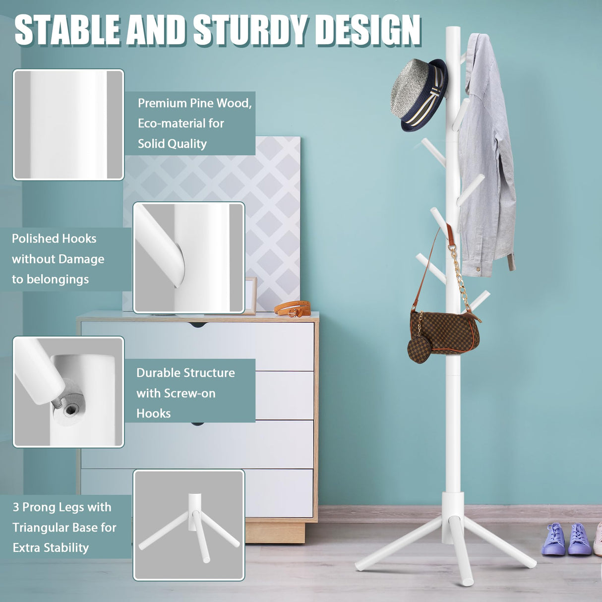 Haddockway Wooden Coat Rack Stand with 8 Hooks New Zealand Pine 3 Adjustable Coat Standing Tree Easy Assembly for Coats, Hats, Scarves and Handbags for Entryway, Hallway, Bedroom, Office, white Haddockway