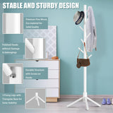 Haddockway Wooden Coat Rack Stand with 8 Hooks New Zealand Pine 3 Adjustable Coat Standing Tree Easy Assembly for Coats, Hats, Scarves and Handbags for Entryway, Hallway, Bedroom, Office, white Haddockway