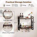 Giantex Industrial Wall Mounted Wine Rack, 2-Tier Metal Hanging Wine Bottle Glass Rack with 14-Bottle & 12-Mug Holders, Wall Wine Floating Shelves for Home Bar, Kitchen, Dining Room, Rustic Brown Giantex