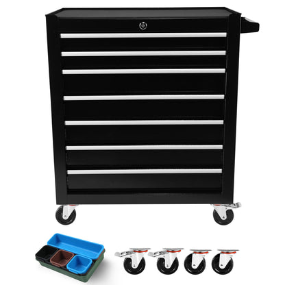 7 Drawer Tool Chest with Wheels,Metal Locking Black Rolling Tool Box with Tool Organizer Trays for Tool Storage Organizer,Portable Standing Mechanic Toolbox for Garage,30 In Tall Tool Cabinet - WoodArtSupply