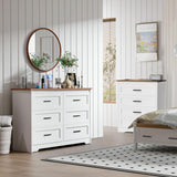 GEPELCN Farmhouse Dresser for Bedroom 6 Drawers Dresser with Power Outlets Rustic Chest of Drawers with Natural Texture White Organizer for Living Room Hallway GEPELCN