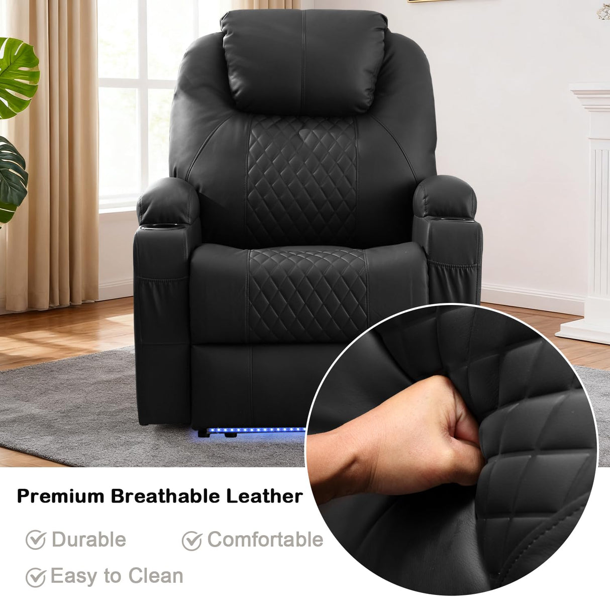 WISHDEER Power Recliner Chair with Heat and Massage for Adults - Home Theater Seating with LED Lights,Cup Holders,Side Pocket,USB Port - Recliner Sofa for Living Room(Black, Single Recliner) WISHDEER