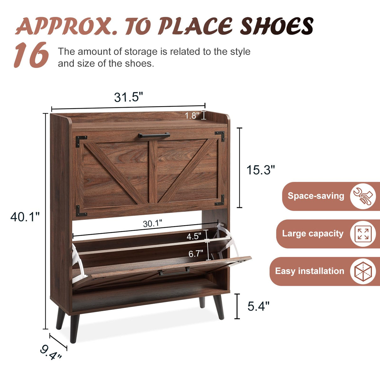 Barnyatoh Shoe Storage Cabinet with 2 Flip Drawers, Farmhouse Hidden Shoe Organizer, Narrow Slim Shoe Rack Cabinet for Entryway Hallway,Walnut Barnyatoh