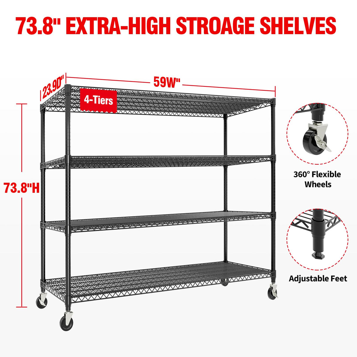 EcoSummer 2640LBS Rolling Storage Shelves,Metal Garage Shelving Units with Wheels&Feet,4 Tier Adjustable Wire Metal Shelving for Pantry Garage Commercial Industrials 73.8" H*59" W* 24" D EcoSummer