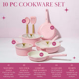 Paris Hilton Ceramic Nonstick Cookware Set, Cast Aluminum with Dual Layer Nonstick Coating, Gold Heart Knobs, Stay-Cool Handles, Made without PFAS, PFOA, PFOS & PTFE, Dishwasher Safe, 10-Piece, Pink Paris Hilton