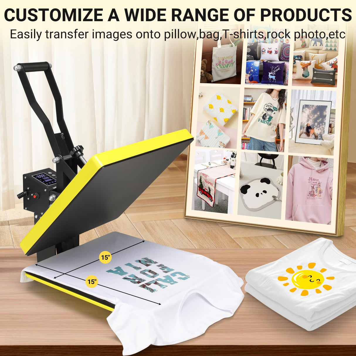 AKEYDIY Heat Press, 15x15 Slide Out Heat Press Machine for T Shirts, Digital Clamshell Heat Transfer Machine for Sublimation, Industrial Shirt Printer for Canvas, Pillows, Coasters, Puzzles (Yellow) AKEYDIY