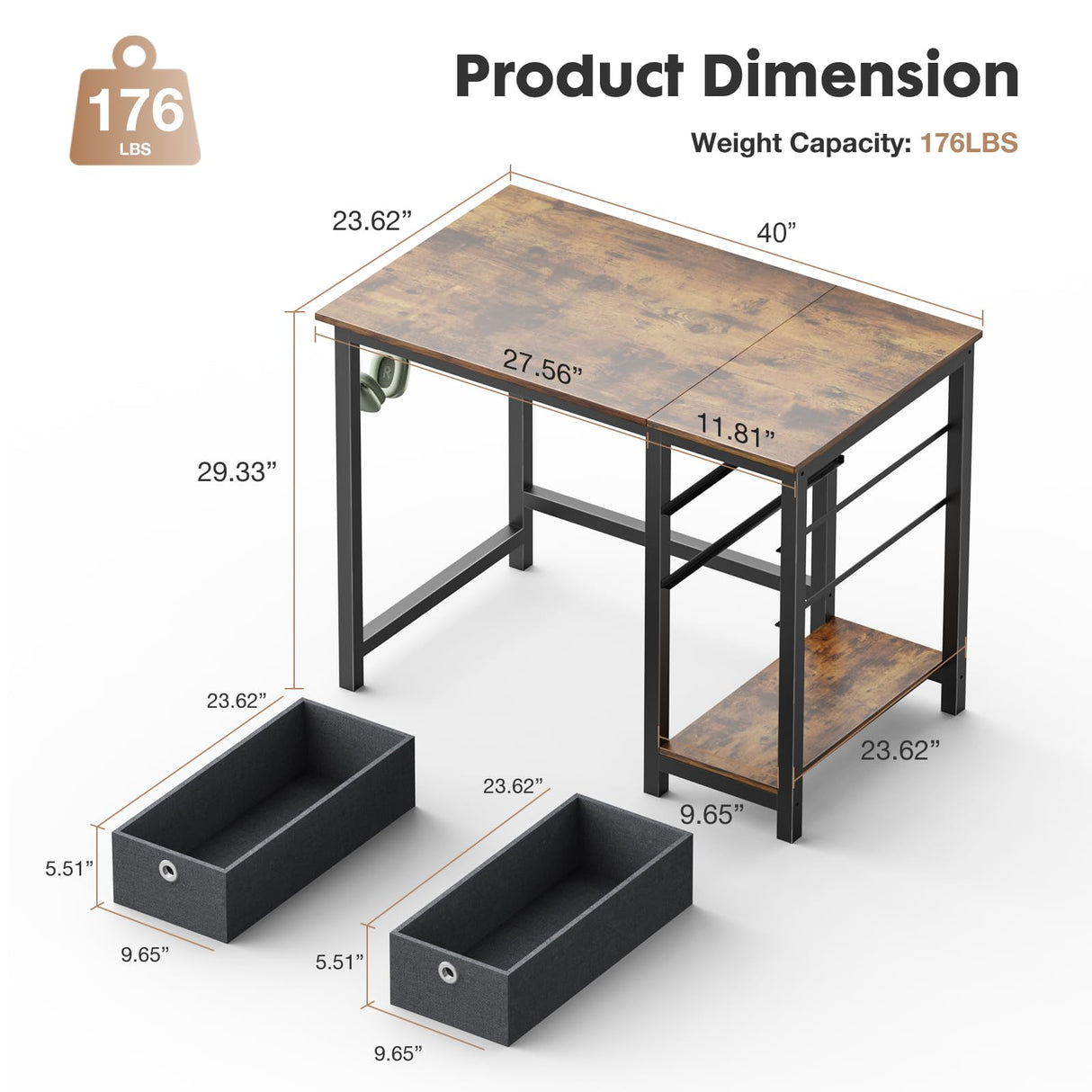 Sweetcrispy Small Computer Desk with Drawers 40 Inch Office Writing Work Kids Study 2-Tier Wood Corner Table with Storage Drawers Shelf for Bedroom Home Office - Rustic Brown Sweetcrispy