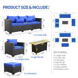 Rattaner Outdoor Patio Furniture 60000 BTU Outdoor Propane Fire Pit Table Patio Furniture Set 45" Outdoor Fire Pits 6 Pieces Patio Sofa Outdoor Chairs Anti-Slip Cushions Waterproof Covers, Royal Blue Rattaner