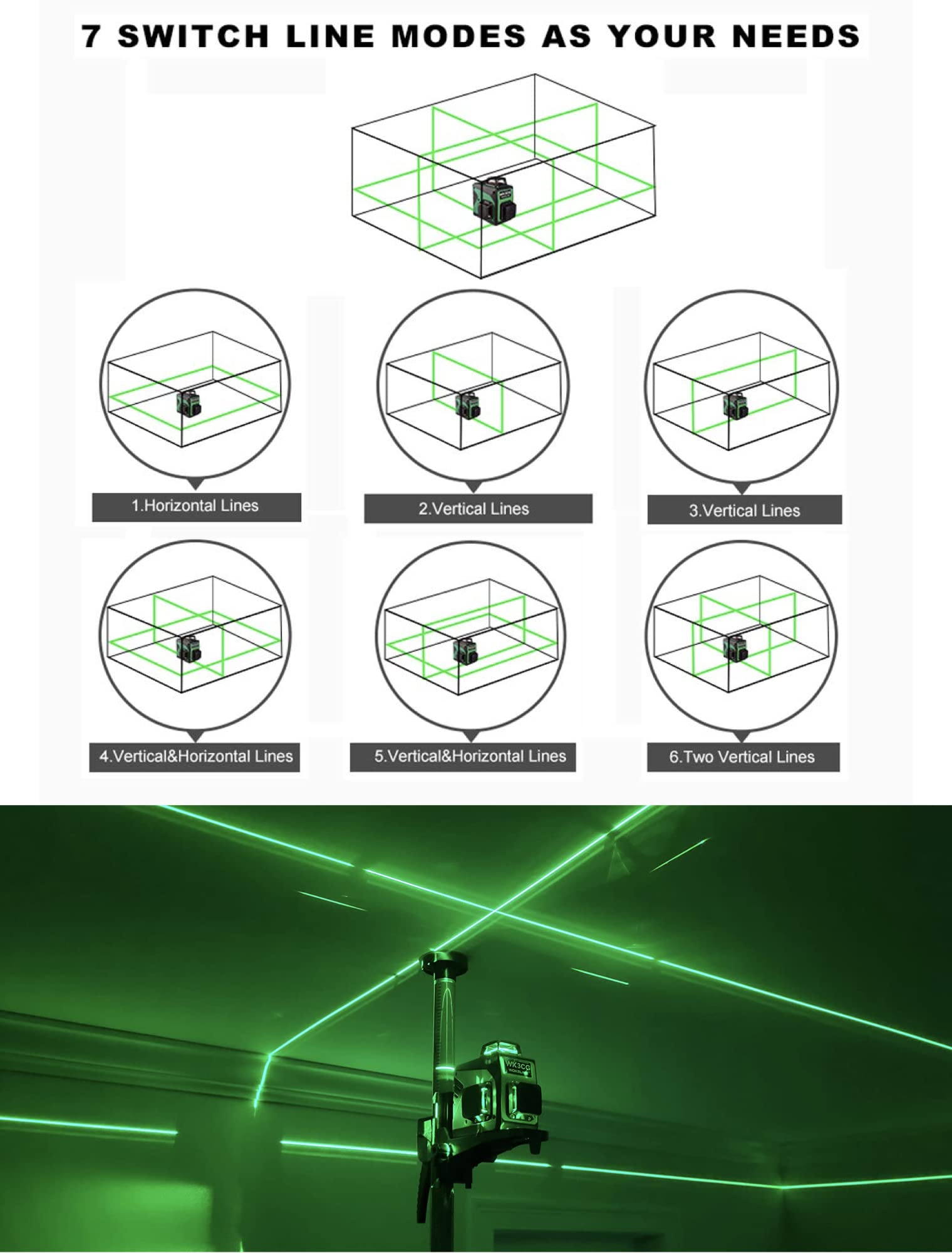 Wokeline 3x360° Rotary Laser Level Self Leveling Green beam Three Plane Cross Line Lasers 2x360° Vertical 1x360° Horizontal 12 lines Tile Ceiling Floor Lazer Levels+Flexible Magnetic Base+Li  - WoodArtSupply