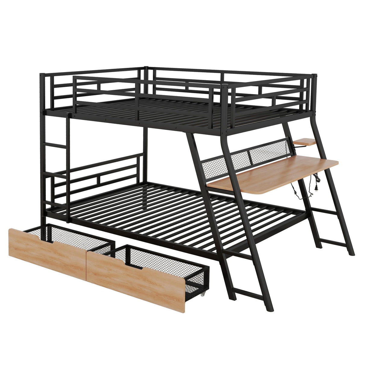 Flieks Bunk Bed, Full Over Full Metal Bunk Bed Frame with Built-in Desk, Light, 2 Drawers, Safety Guard Rails and Ladder, Heavy-Duty Steel Frame Bunk Bed for Kids Teens Adults (Black) Flieks