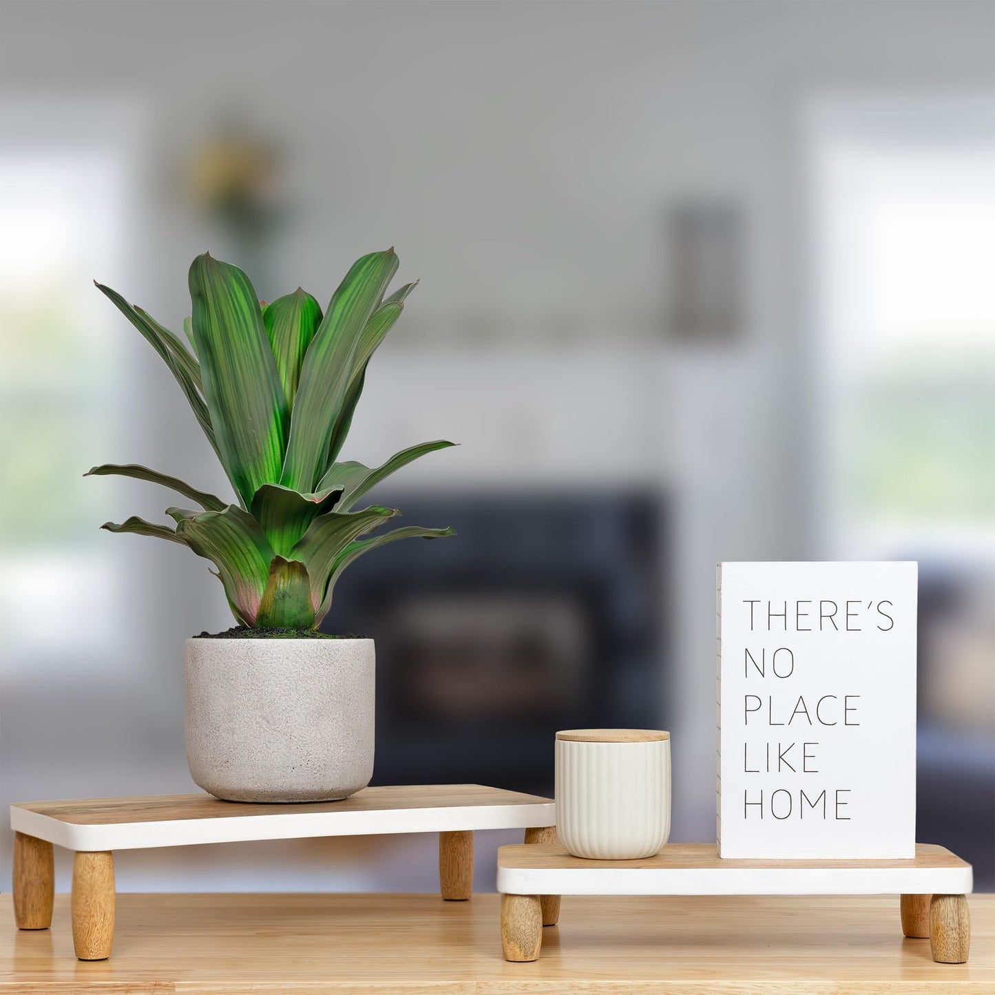 AuldHome Farmhouse Wooden Risers (Set of 2, Rectangular); Rustic Decorative Pedestal Stands for Display w/ Natural Mango Wood and Enamel Trim