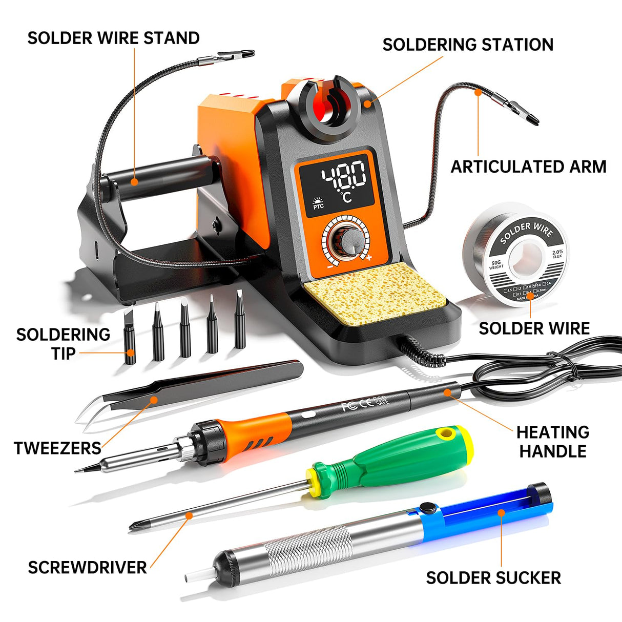 Digital Soldering Iron station Kit, 2 Auxiliary Clamps, 5 Soldering Iron Tips, Solder Wires, Solder Suckers, Stainless Steel Tweezers, and a Phillips Start, soldering station MEAKEST