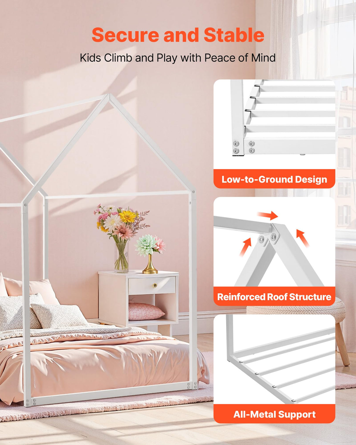 VEVOR Twin Size House Bed Frame, Metal Kids Floor Bed Frame with Roof, Heavy Duty Steel Slats Support, House Shape Bedframe for Girls and Boys, No Box Spring Needed, Easy Assembly, White VEVOR