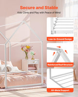 VEVOR Twin Size House Bed Frame, Metal Kids Floor Bed Frame with Roof, Heavy Duty Steel Slats Support, House Shape Bedframe for Girls and Boys, No Box Spring Needed, Easy Assembly, White VEVOR