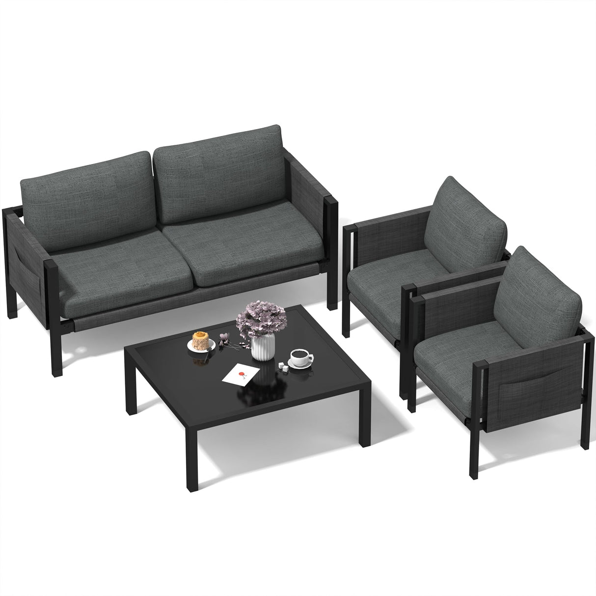 CATMIX Outdoor Patio Furniture, Aluminum Patio Furniture Conversation Set Metal Cushions Couch Outdoor Sectional Balcony Sofa Balcony Outside Chairs Porch CATMIX