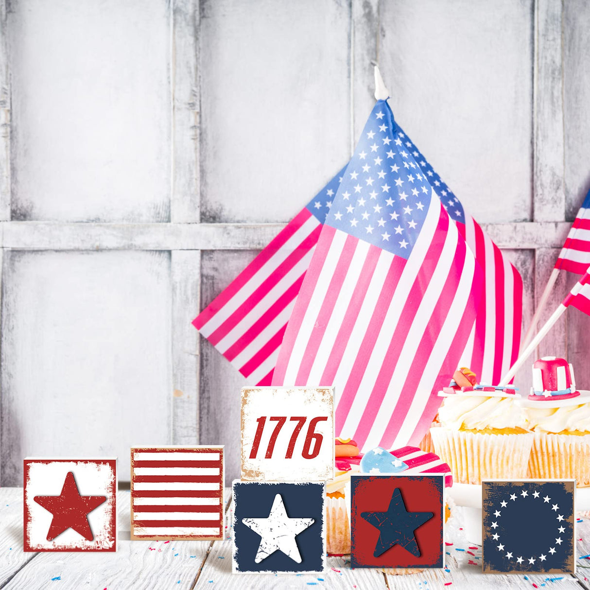 6 Pcs Independence Day Wood Signs Rustic Patriotic Standing Blocks Decor for Home 4th of July Table Centerpiece Labor Day Tiered Tray Decorations for Shelf Party Decor Panelee