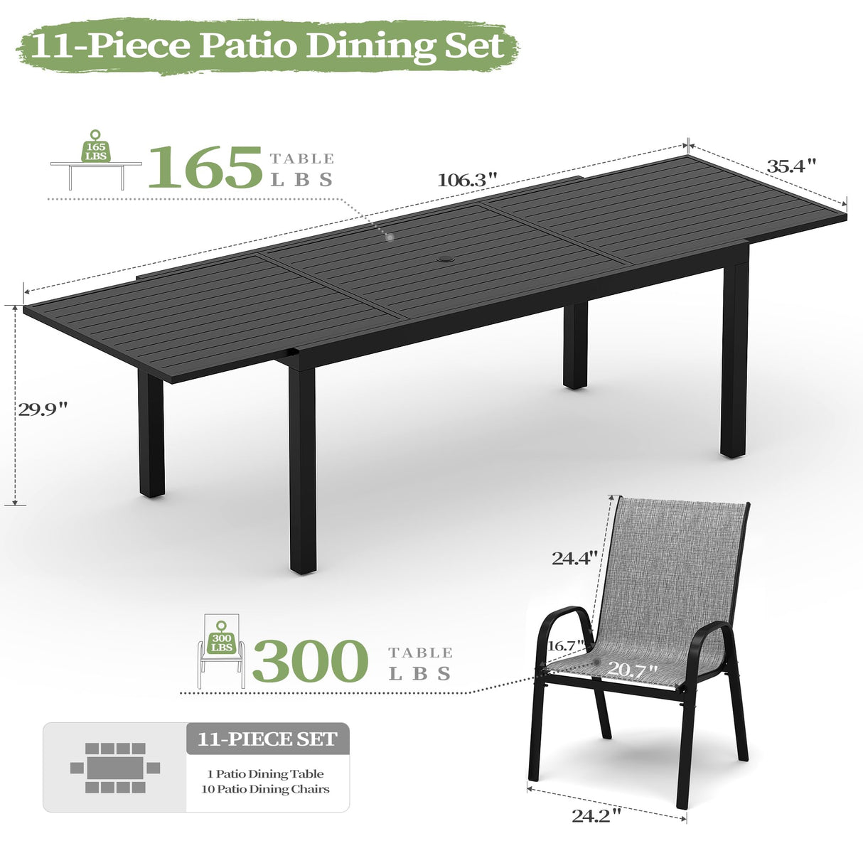 PIZZELLO 11 Pieces Outdoor Dining Set, 106" Aluminum Extendable Patio Dining Table w/ 10Pcs Stackable Textilene Chairs, All Weather Outdoor Table and Chairs Sets for Backyard, Garden and Deck PIZZELLO