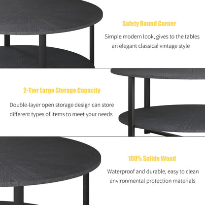 31.5" Coffee Tables for Living Room Small Coffee Table with Open Storage Shelf, 2-Tier Modern Circle Wood Center Table, Black