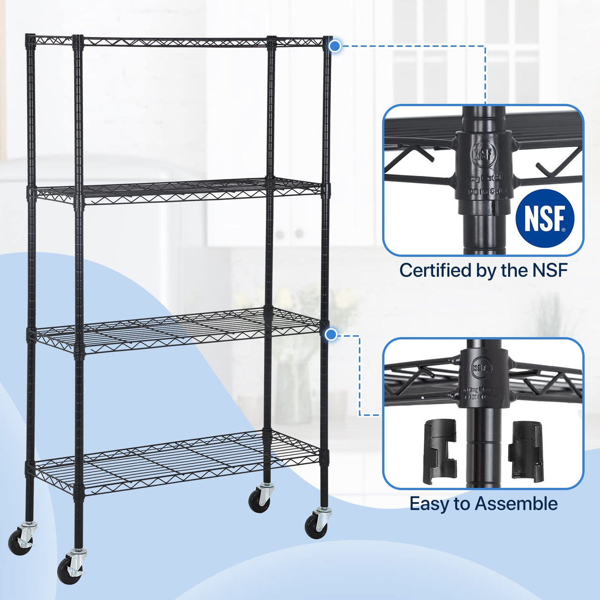 Dkelincs Wire Shelving Unit 36''L×14''W×62''H NSF Metal Storage Shelves 4 Tier Height Adjustable Wire Shelf with 4 Wheels for Kitchen Office Pantry Bathroom Garage, Black Dkelincs