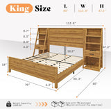 LUXOAK King Bed Frame with Wide Headboard and 4-Tier Bookshelves, Farmhouse Platform Bed with Charging Station & 2 Drawers, Noise-Free, No Box Spring Needed, Natural Oak LUXOAK