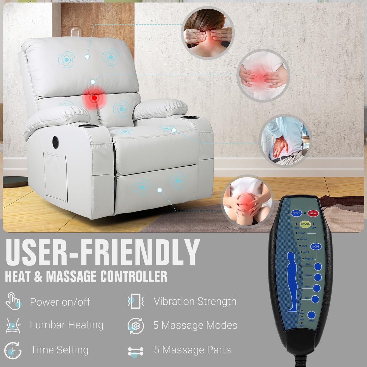 LAFWELL Rocking Recliner Chair, Massage Rocker Recliner Chair with Vibration Massage and Heat, USB and Type-C Ports,360° Swivel Faux Leather Chairs, Living Room, Bedroom, Nursery, RV, Light Grey LAFWELL