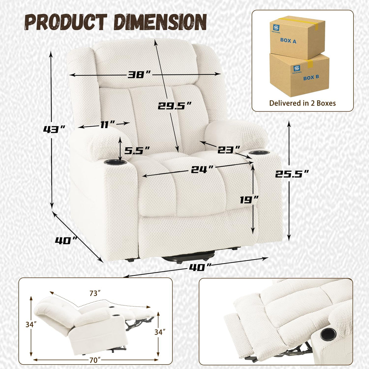 Neioml Large Wide Power Lift Chair Recliner for Elderly, Heat & Vibration Massage, Extended Footrest for Big and Tall, Cup Holders Side Pockets, Easy Remote, (Plush Flannel, Cream White) Neioml